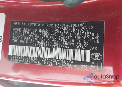 2012 Toyota Corolla Le z USA, uszkodzony, nr VIN 2T1BU4EE1CC895484
